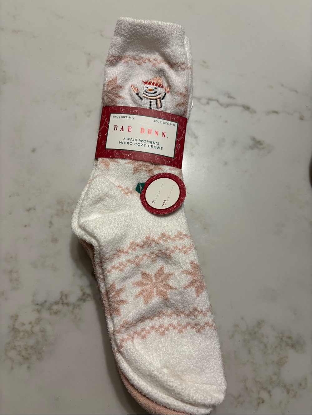 Rae Dunn White Cozy Crew Socks with Light Pink Snowflake Pattern